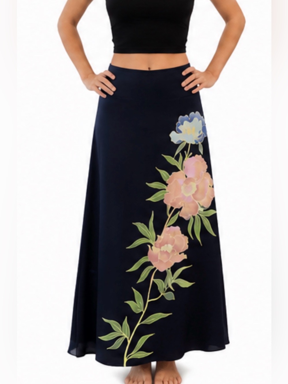 Vintage Banana Republic Floral Satin Maxi Skirt in Navy with Pink & Blue Blooms
